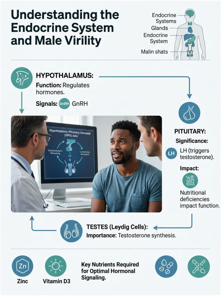 Infographic explaining the endocrine system and male virility, featuring diagrams and key hormone functions.
