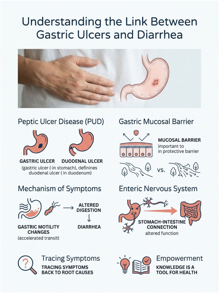 Infographic explaining the link between gastric ulcers and diarrhea, featuring diagrams and key points on symptoms and mechanisms.