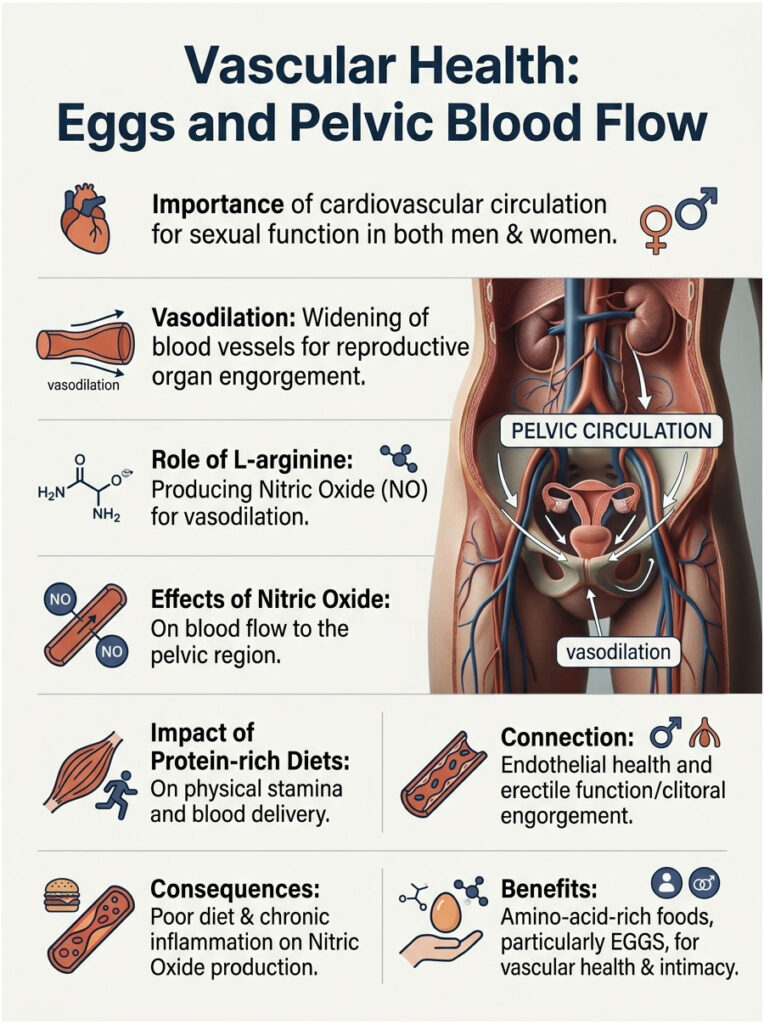 Infographic illustrating vascular health, focusing on eggs and pelvic blood flow with key points and visuals.