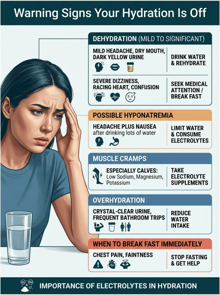 Woman with a worried expression, infographic shows hydration warning signs and recommendations for dehydration and overhydration.