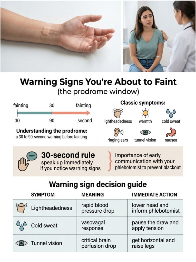 Infographic showing warning signs of fainting, symptoms, and immediate actions to take with illustrations and text.