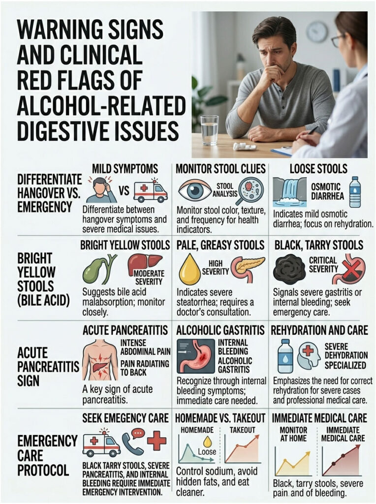 Infographic detailing warning signs and red flags of alcohol-related digestive issues with symptoms and care protocols.
