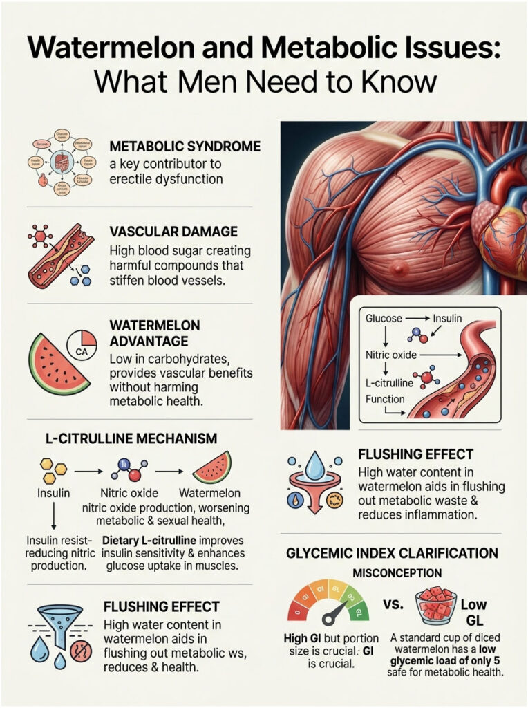 Infographic on watermelon benefits for men's metabolic health, featuring charts and illustrations on various mechanisms.