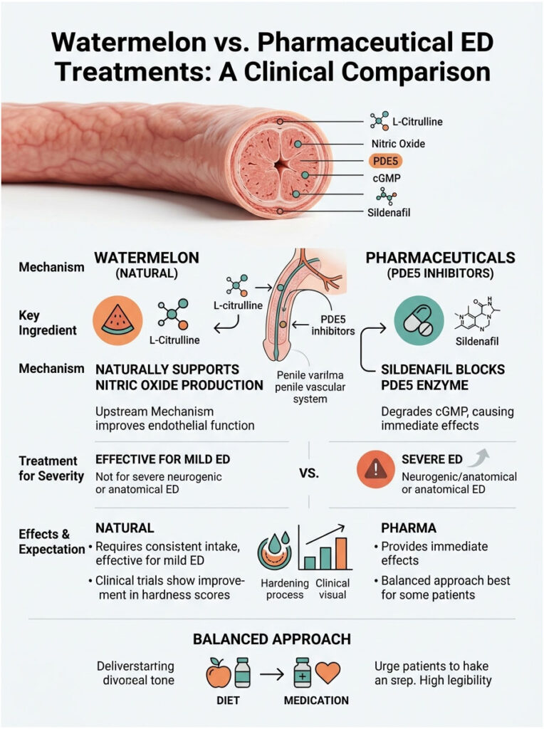 Infographic comparing watermelon and pharmaceutical ED treatments, showing mechanisms and effectiveness for mild and severe ED.
