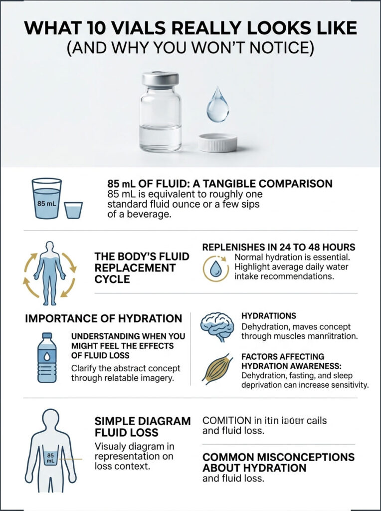 Infographic showing hydration facts, including fluid amounts, body cycles, and hydration importance with icons and diagrams.