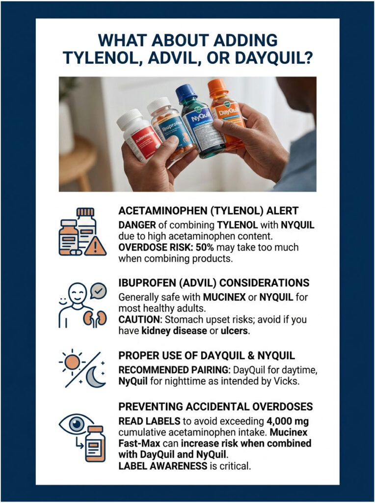 Infographic showing medication safety tips for Tylenol, Advil, and DayQuil with warning icons and dosage information.