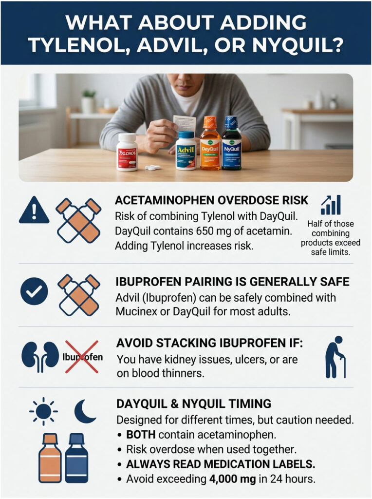 Infographic detailing risks of combining Tylenol, Advil, and NyQuil with warnings and guidelines for safe use.