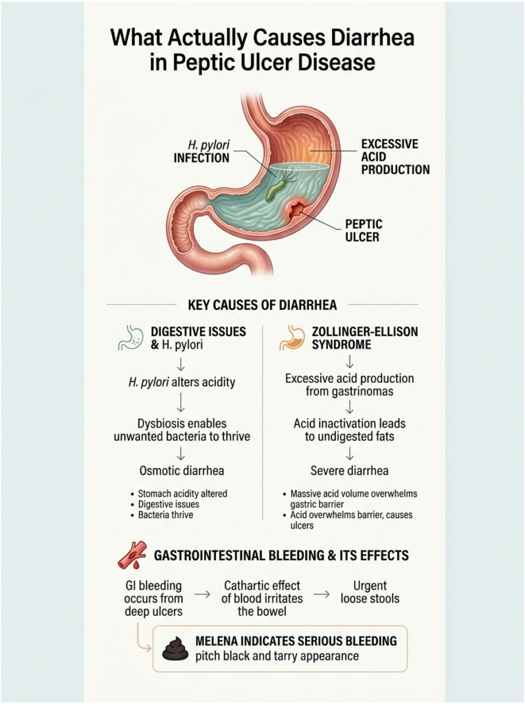 Infographic showing causes of diarrhea in peptic ulcer disease, including H. pylori infection and gastrointestinal bleeding.