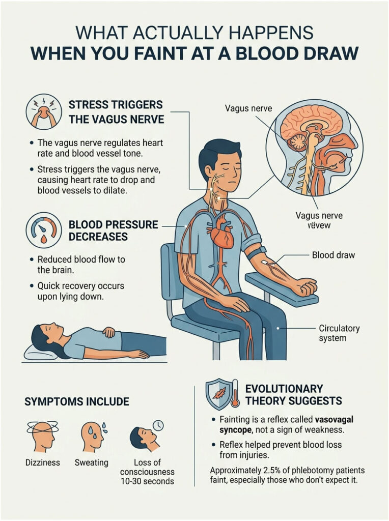 Infographic explaining fainting during blood draws, showing vagus nerve effects, symptoms, and recovery tips.