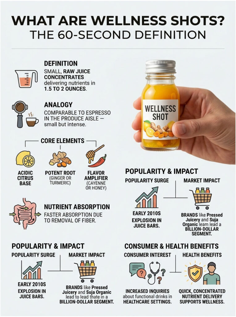 Infographic explaining wellness shots with definitions, core elements, popularity, and health benefits.
