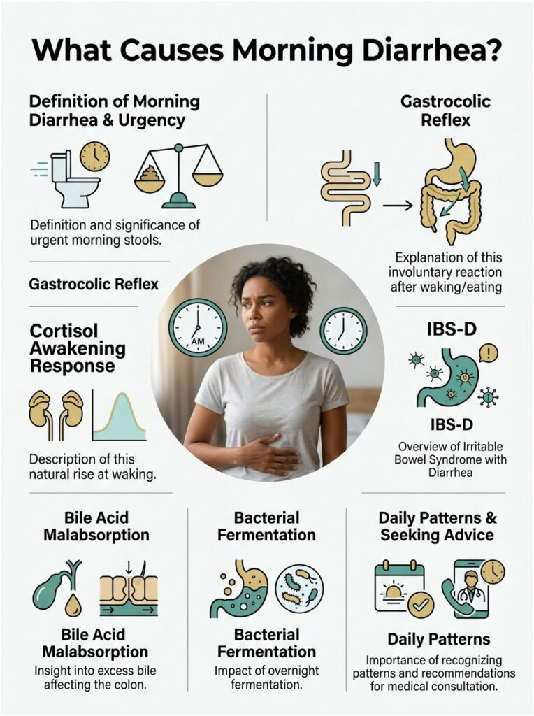 Infographic explaining causes of morning diarrhea, featuring definitions, reflexes, and advice with illustrations.