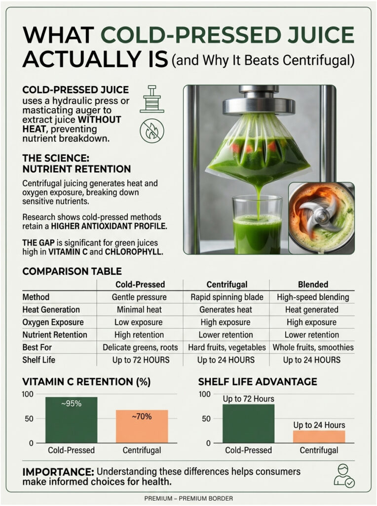 Infographic explaining cold-pressed juice benefits, comparing methods, and showing vitamin C retention statistics.