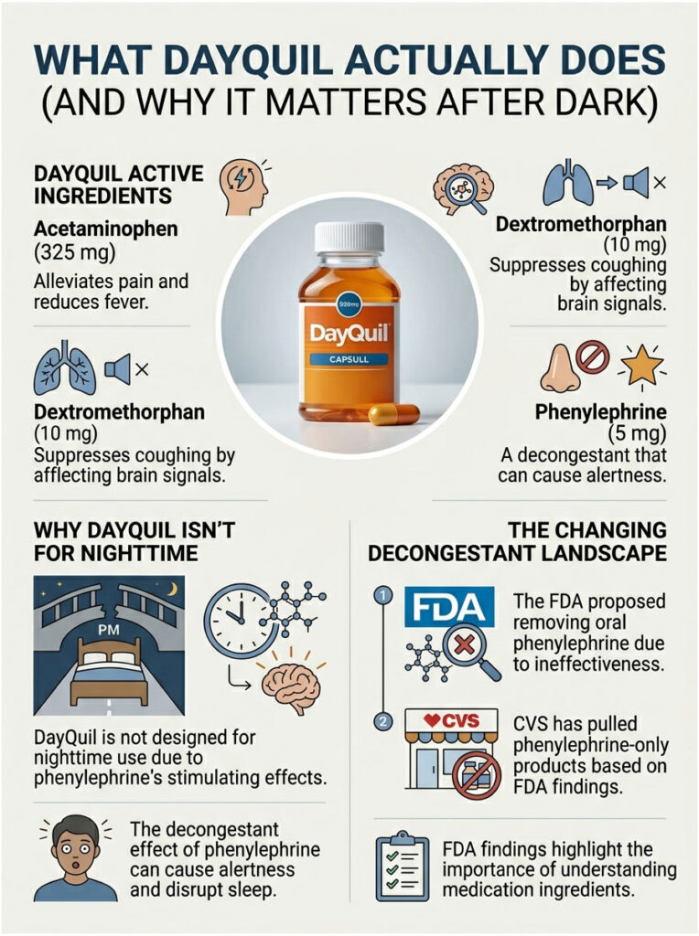 Infographic explaining DayQuil ingredients, effects, and FDA updates on phenylephrine use.