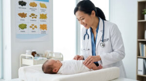 A pediatrician examines a newborn baby on a changing table in a bright clinic, smiling and attentive.