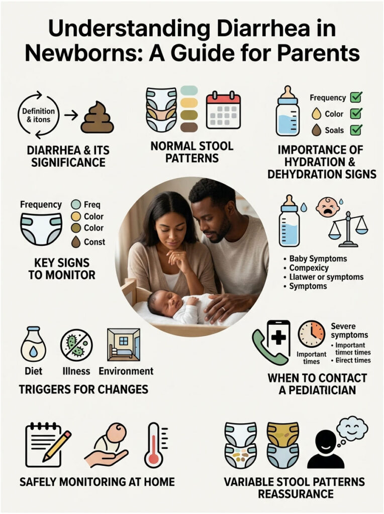Infographic explaining diarrhea in newborns, featuring charts on stool patterns, hydration signs, and monitoring tips.