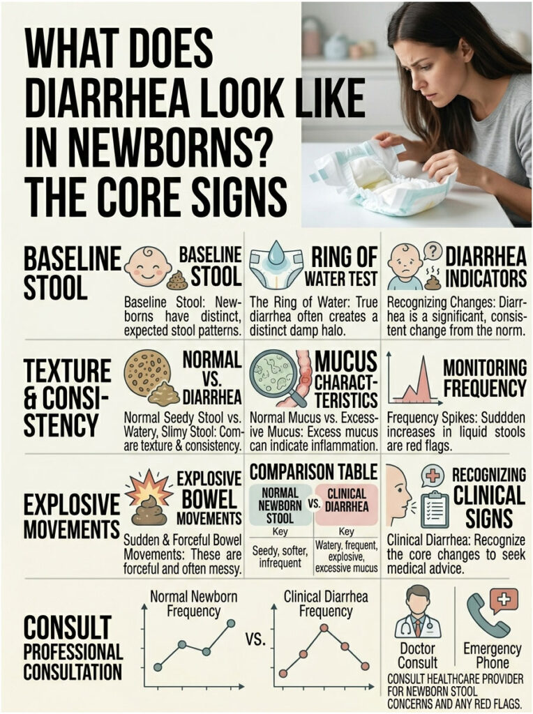 Infographic showing signs of diarrhea in newborns, including stool types, indicators, and consultation advice.