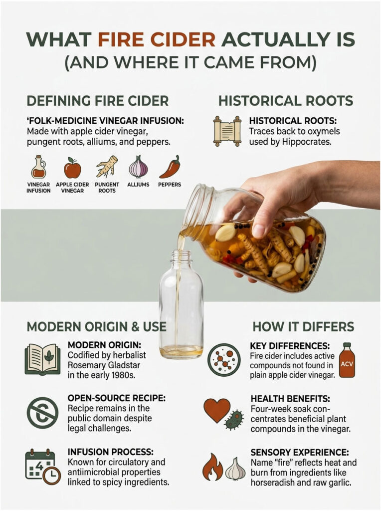 Infographic explaining Fire Cider, its ingredients, history, and health benefits with illustrations and text.