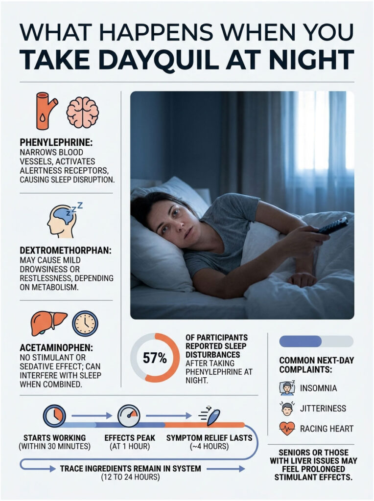 Infographic explaining effects of DayQuil at night, featuring statistics and icons about ingredients and sleep disturbances.