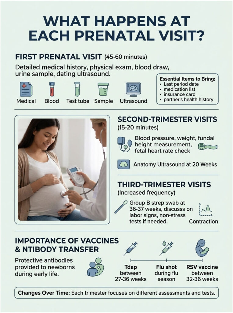 Infographic detailing prenatal visit stages, including medical exams, tests, and vaccines for each trimester.