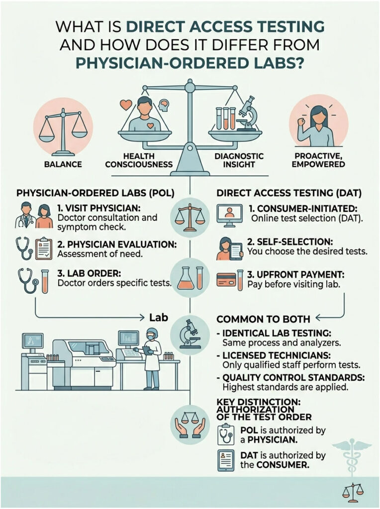 Infographic comparing Direct Access Testing and Physician-Ordered Labs with charts and icons illustrating key differences.