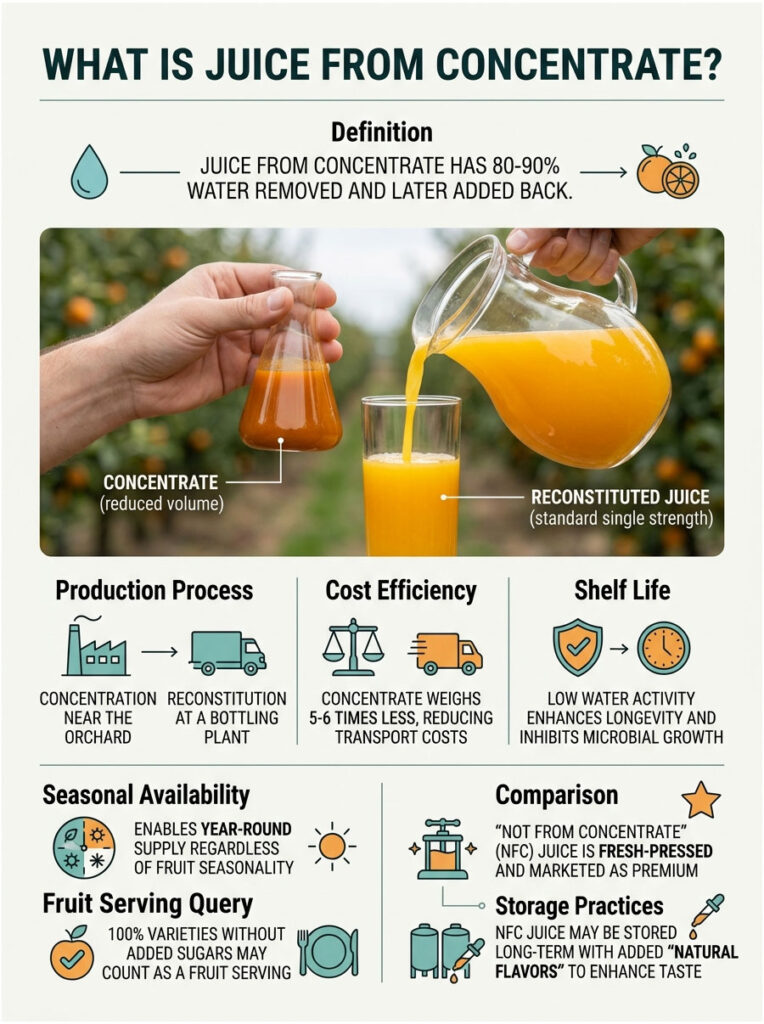 Infographic explaining juice from concentrate, showing production process, cost efficiency, and shelf life details.