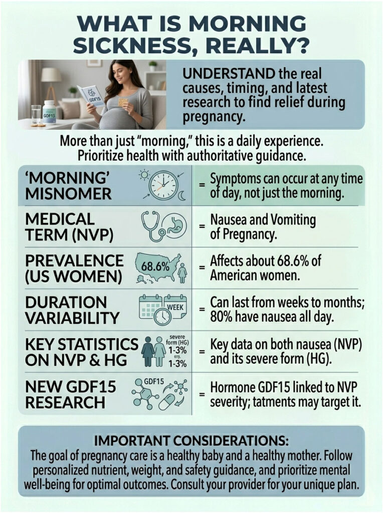 Infographic explaining morning sickness, including symptoms, prevalence, and key statistics on NVP and HG.