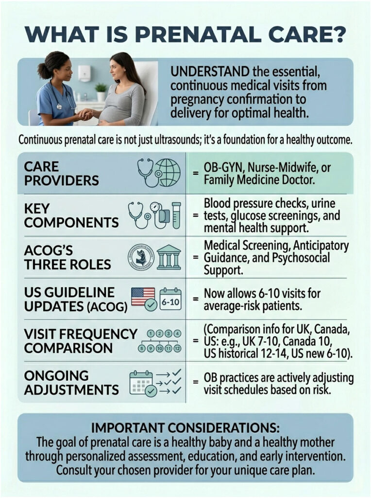 Infographic explaining prenatal care, including care providers, key components, and visit frequency comparisons.
