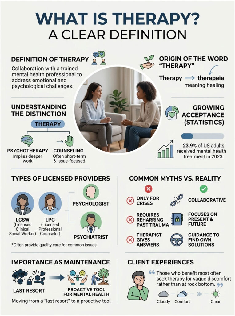 Infographic explaining therapy, its definition, types, myths vs. reality, and statistics on mental health treatment in 2023.
