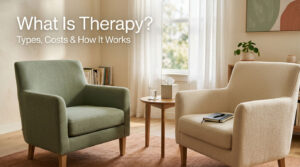 Two modern armchairs in a cozy therapy room with a small table and a plant.