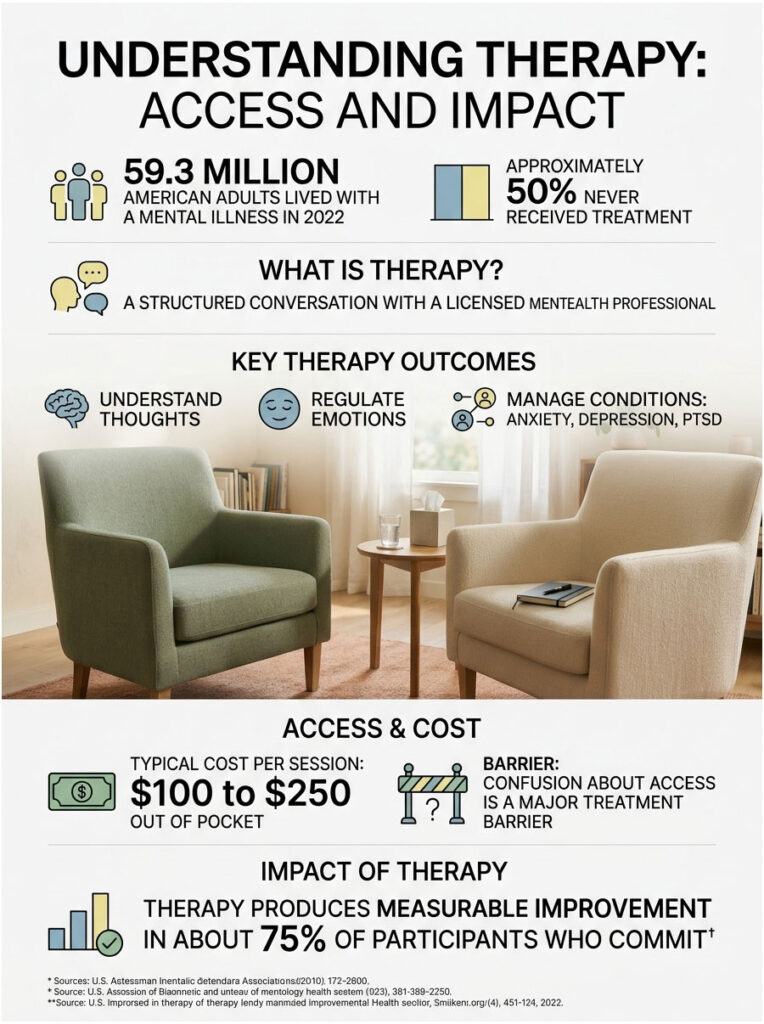 Infographic detailing therapy access and impact, featuring statistics, therapy outcomes, and cost information.