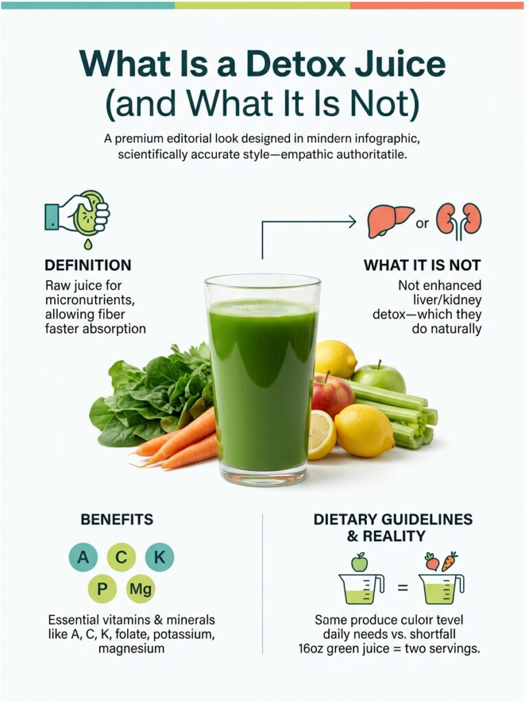 Infographic explaining detox juice definition, benefits, and dietary guidelines with green juice and vegetables.