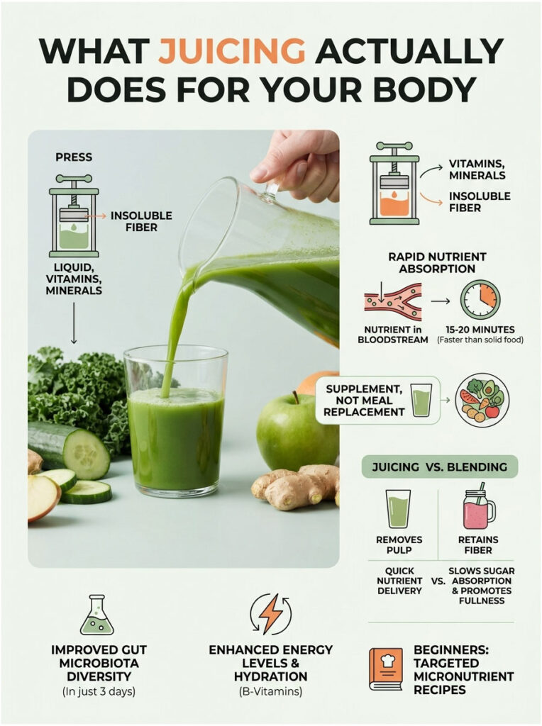 Infographic showing benefits of juicing, including nutrient absorption, gut diversity, and comparisons with blending.