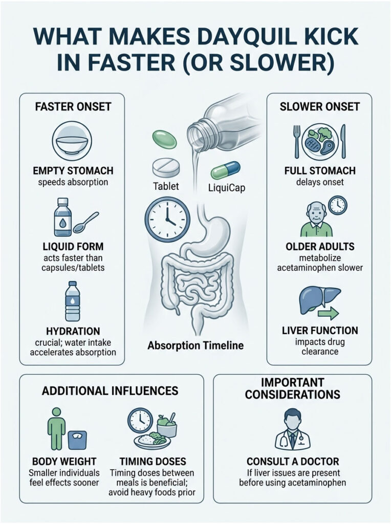 Infographic showing factors affecting DayQuil absorption, including stomach state, liquid form, and liver function.