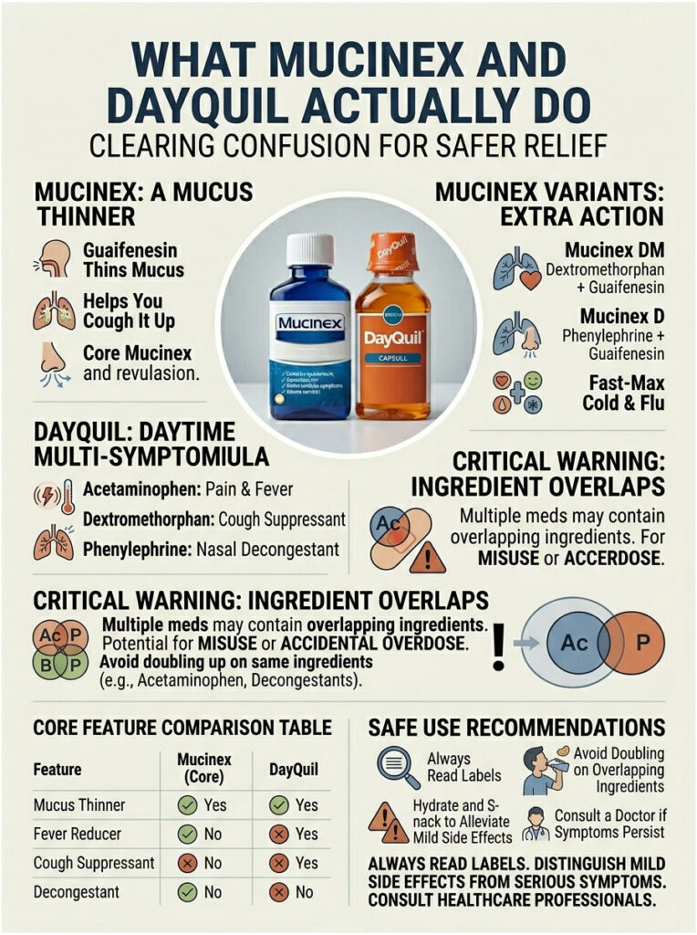 Infographic comparing Mucinex and DayQuil, detailing ingredients, warnings, and safe use recommendations.