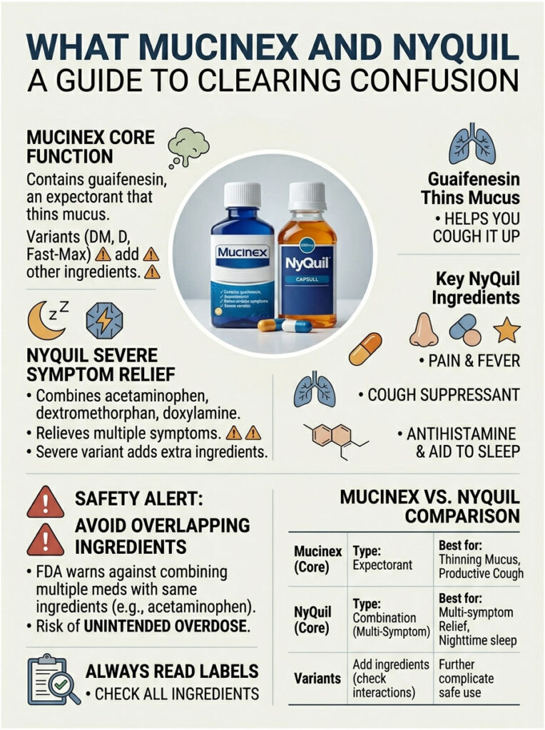Infographic comparing Mucinex and NyQuil, detailing ingredients, functions, and safety alerts with icons and charts.