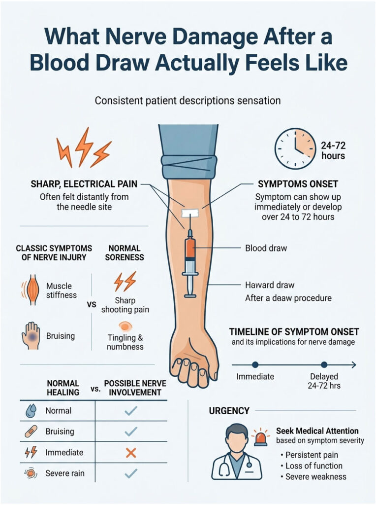 Infographic showing nerve damage symptoms after blood draw, including pain types, onset timeline, and healing comparison.