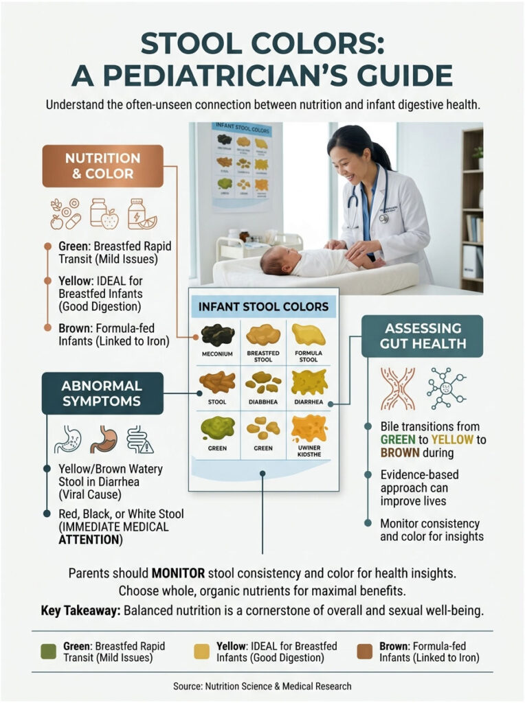 Infographic showing infant stool colors, nutrition links, and health assessments with charts and icons.