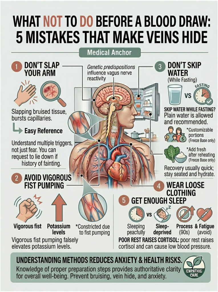 Infographic showing five mistakes to avoid before a blood draw, including visuals of anatomy and hydration tips.