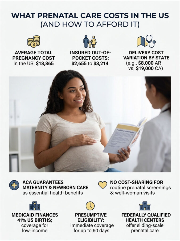 Infographic showing prenatal care costs in the US, including average expenses and coverage options.