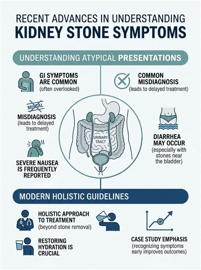 Infographic explaining kidney stone symptoms and modern holistic guidelines with icons and text elements.