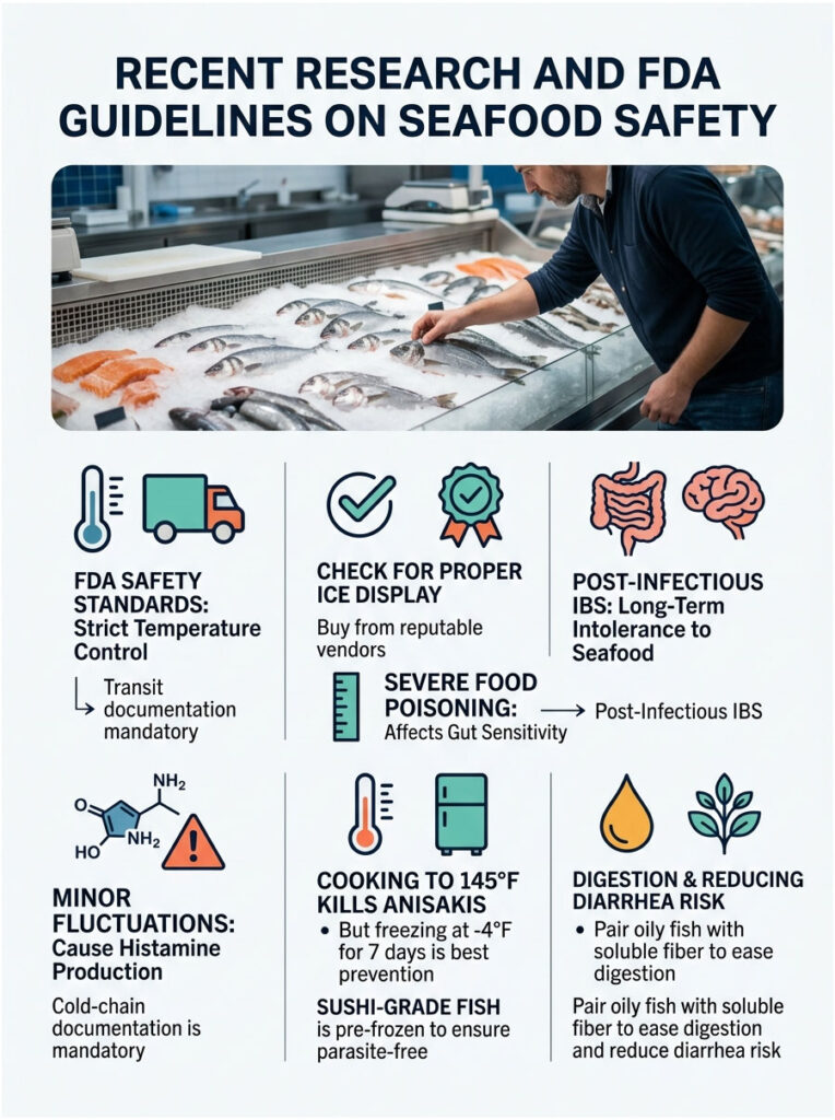Infographic on seafood safety guidelines with text on FDA standards, food poisoning, and digestion tips.