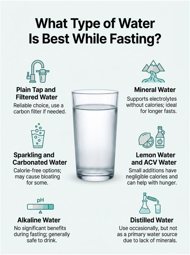 Infographic showing types of water for fasting: tap, mineral, sparkling, lemon, alkaline, and distilled water.