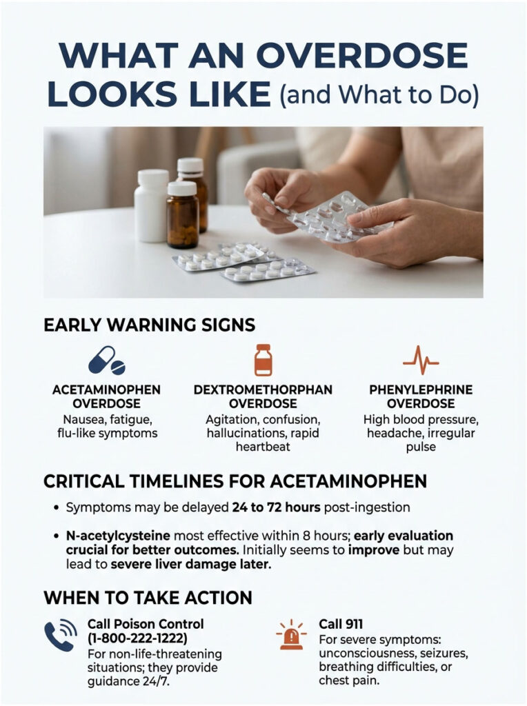 Infographic showing overdose signs, critical timelines, and action steps for acetaminophen and other drugs.