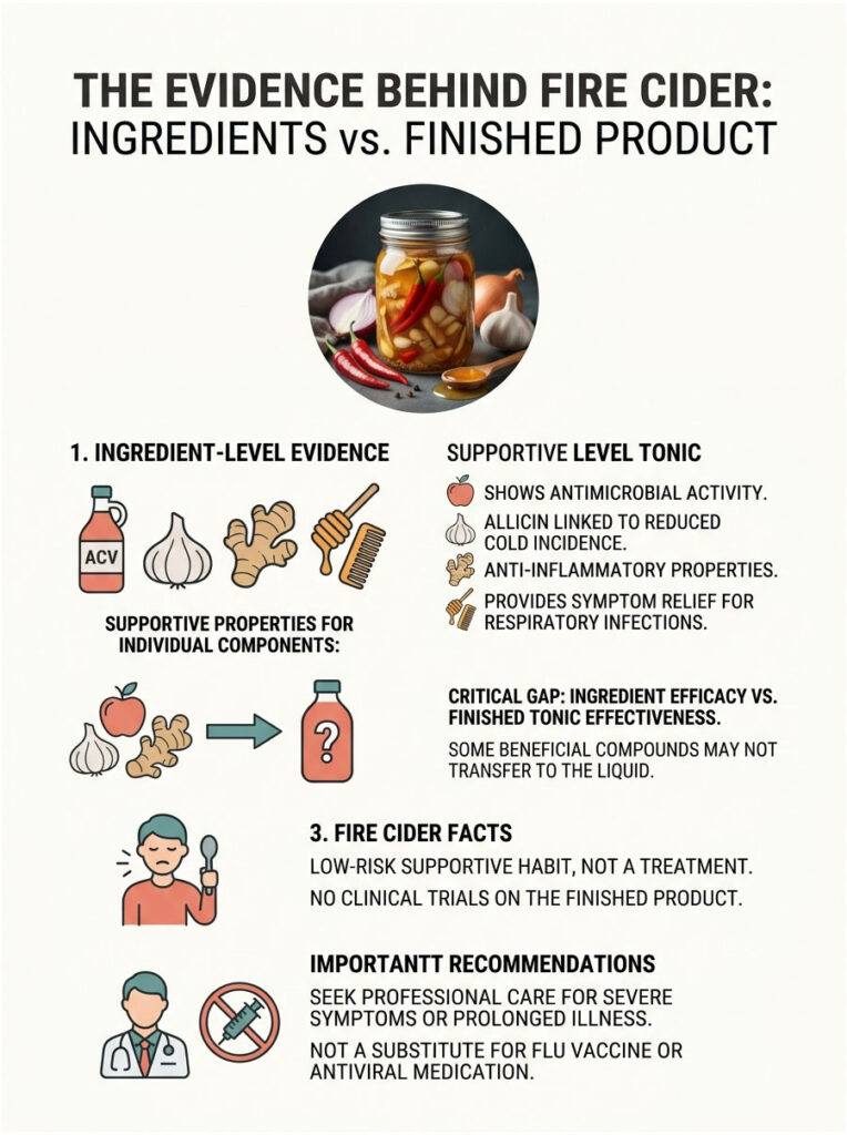 Infographic showing fire cider ingredients, health benefits, and recommendations for use and efficacy.
