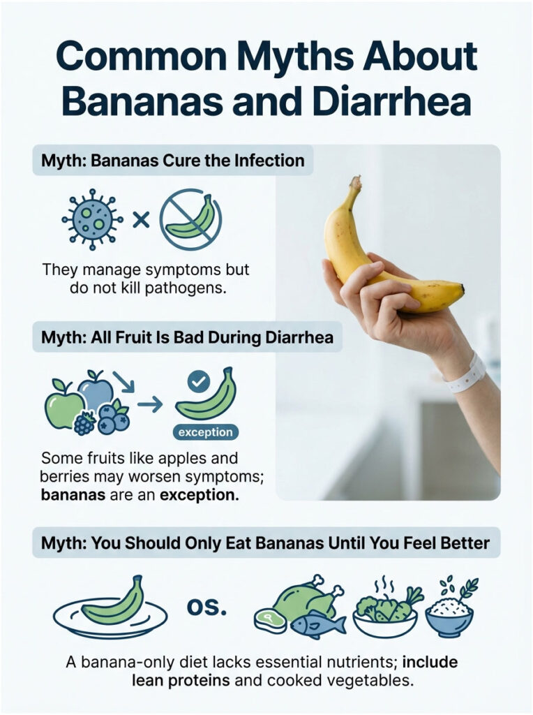 Infographic debunking myths about bananas and diarrhea, featuring illustrations and text on health advice.