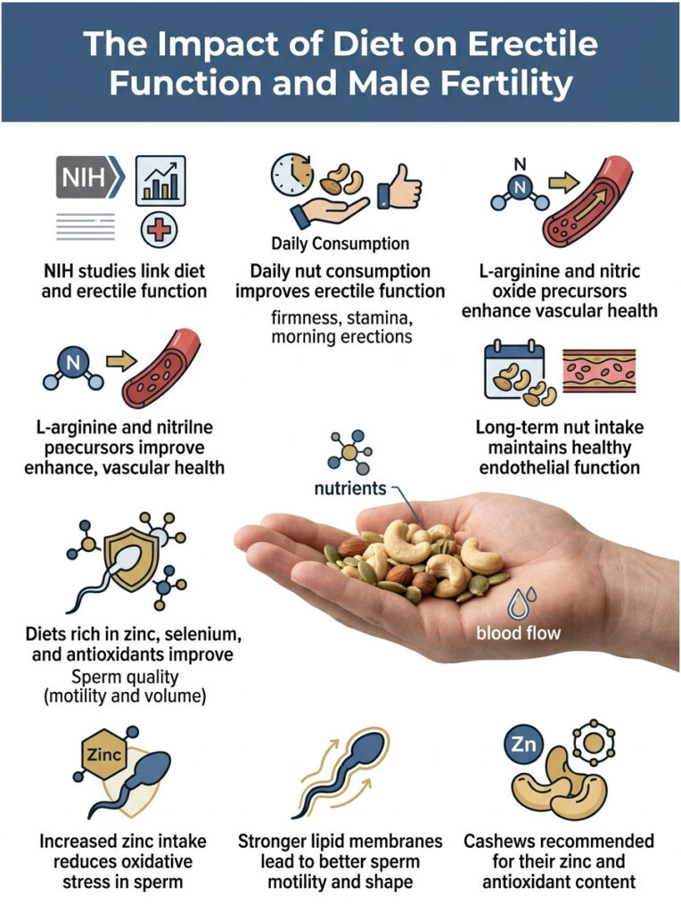 Infographic showing the impact of diet on erectile function and male fertility with text and illustrations of nuts, sperm, and nutrients.