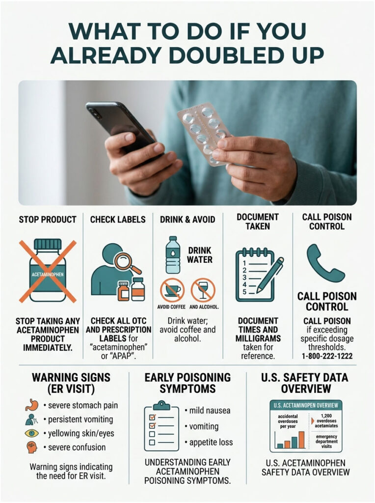 Infographic detailing steps to take after doubling up on acetaminophen, featuring icons and warning signs.