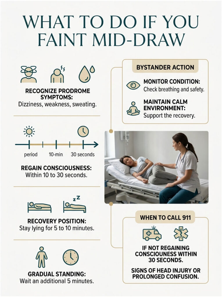 Infographic detailing steps to take if someone faints mid-draw, including symptoms and recovery actions.