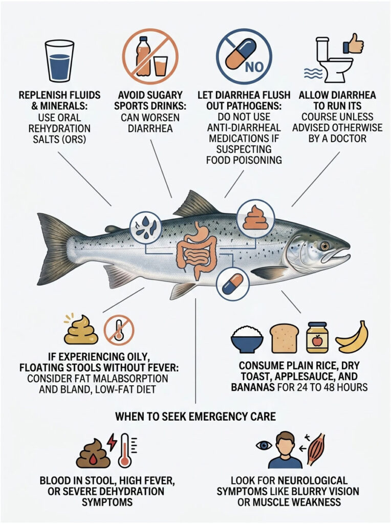Infographic detailing diarrhea management tips with a fish illustration and various health icons and text.