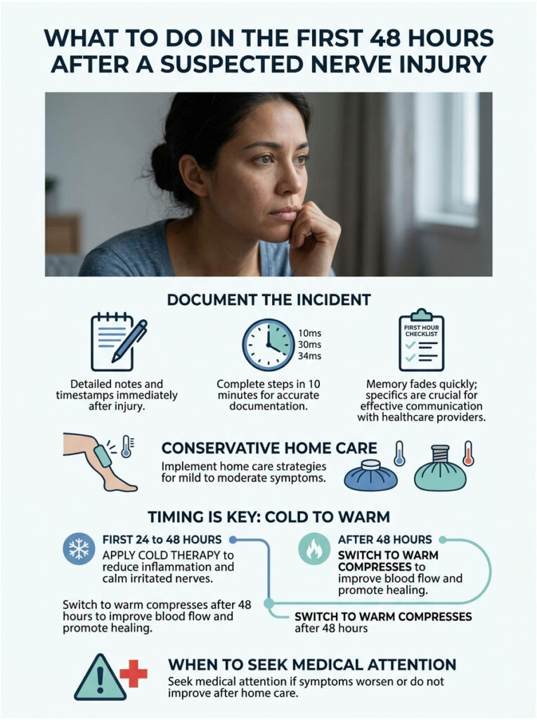 Infographic detailing steps to take after a suspected nerve injury, including documentation and home care tips.